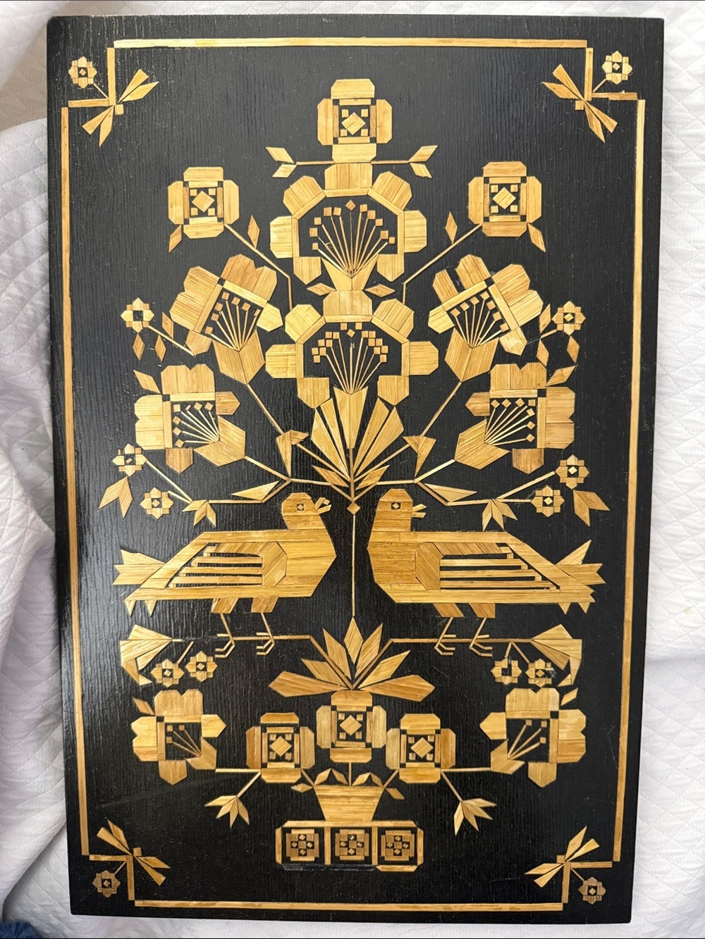Vintage Soviet Straw Marquetry Wooden Plaque Zhlobin MCM Art 1982
